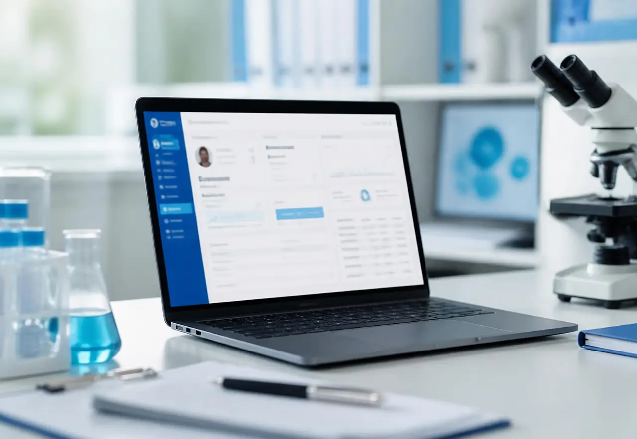 Portal digital da DLC aberto em um notebook sobre a bancada do laboratório