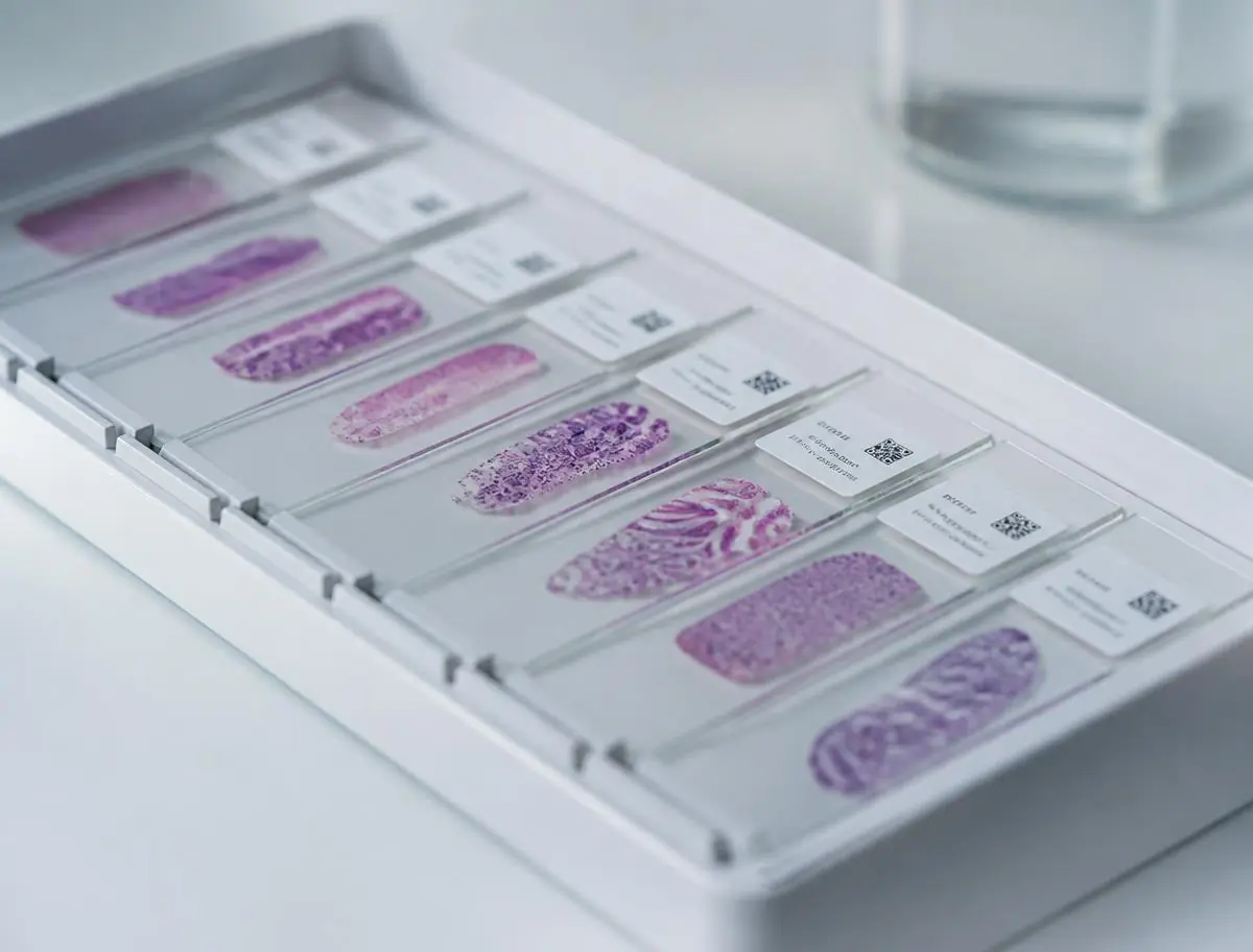 Lâminas histológicas preparadas na bancada do laboratório